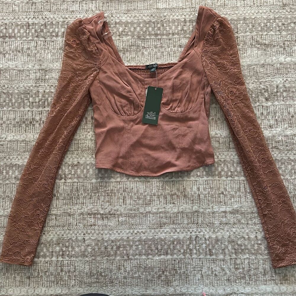 Wild Fable Size XXS brown Blouse lace arms NWT CROPPED